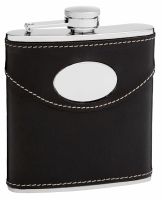 Leather Hip Flask Holding 6 oz - Pocket Size, Stainless Steel, Rustproof, Screw-On Cap - Black Finish Perfect for Engraving