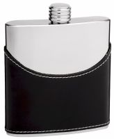 Cow Leather Hip Flask Holding 6 oz - Pocket Size, Stainless Steel, Rustproof, Screw-On Cap - Black and Mirror Polished Finish Perfect for Engraving