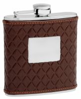 Leather Hip Flask Holding 6 oz - Quilted Pattern Design - Pocket Size, Stainless Steel, Rustproof, Screw-On Cap