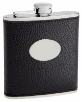 Textured Cow Hide Leather Hip Flask Holding 6 oz - Pocket Size, Stainless Steel, Rustproof, Screw-On Cap - Black Finish Perfect for Engraving