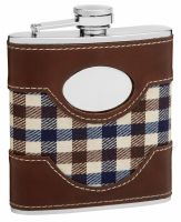 Faux Leather and Cloth Hip Flask Holding 6 oz - Plaid Golf Design - Pocket Size, Stainless Steel, Rustproof, Screw-On Cap