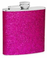 Hip Flask Holding 6 oz - Sparkly Glitter Design - Pocket Size, Stainless Steel, Rustproof, Screw-On Cap - Purple Finish - Black Gift Box Included