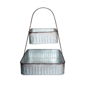 2 Tier Square Galvanized Metal Corrugated Tray with Arched Handle, Gray