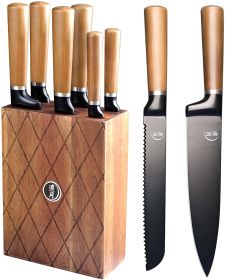 7 Pieces Kitchen Knife Set with Block - Ultra Sharp Professional Chef Knife Set with Black Non-stick Coating Blade