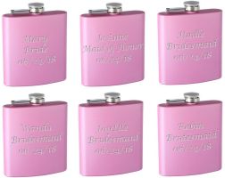 Top Shelf Flasks 6-Pack Personalized (Custom Engraved) 6oz Bridal Party Hip Flasks,  (Pink)