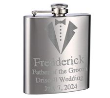 Top Shelf Flasks Personalized Custom Engraved 6oz Stainless Steel Groomsman Tuxedo Flask for Weddings, True Metal Etching Lasts a Lifetime