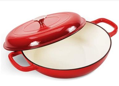 COOKWIN Cast Iron Casserole Braiser, 3.8 Quart,Heavy Duty Casserole Skillet with Lid and Dual Handles, Porcelain Enameled Surface Cookware Pot (Color: Red)